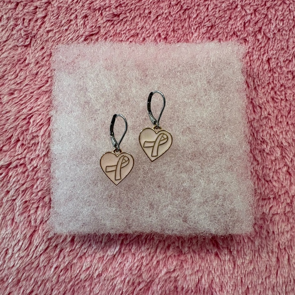 Breast Cancer Awareness Pink Heart Ribbon Earrings